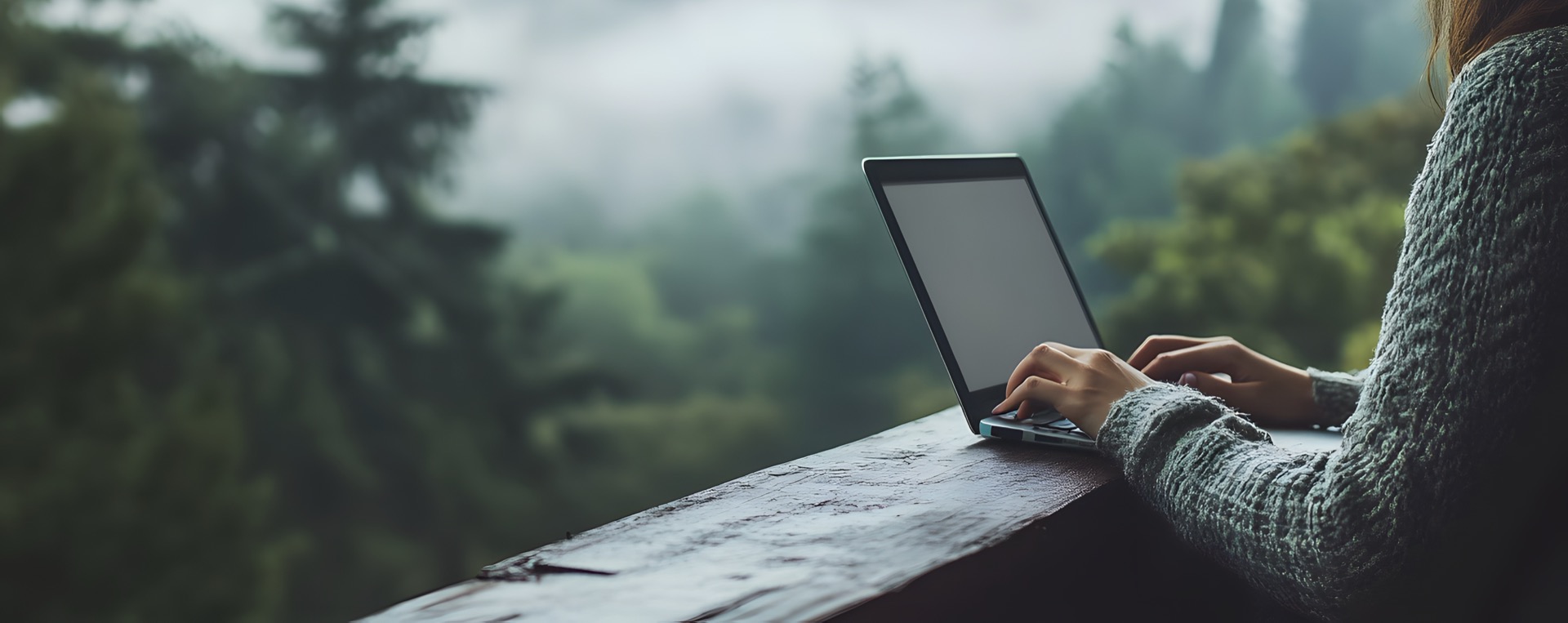 Žena pracující na laptopu s výhledem do hor